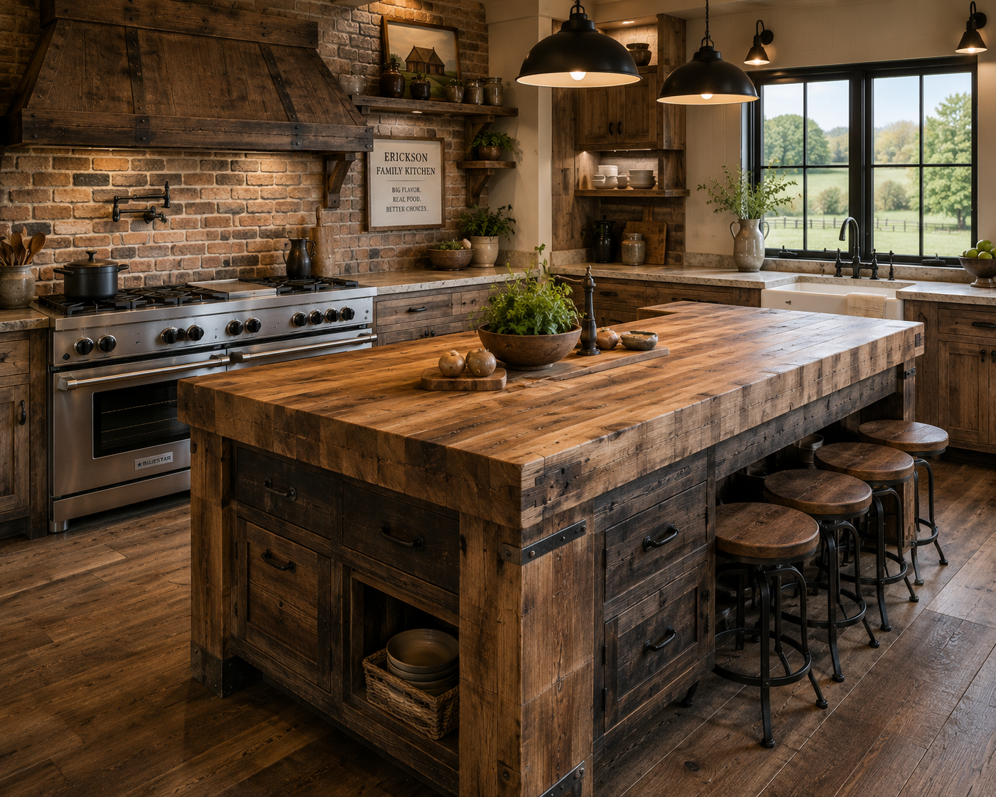 Rustic EFK kitchen with a large island and BlueStar range
